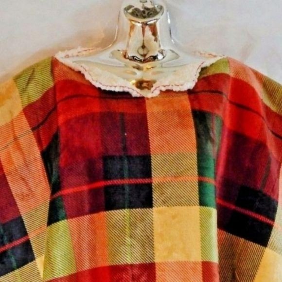 GROOVY GLAM Handmade Gold/Red Plaid Velvety Plush Sherpa Poncho Faux Shearling - Picture 2 of 3